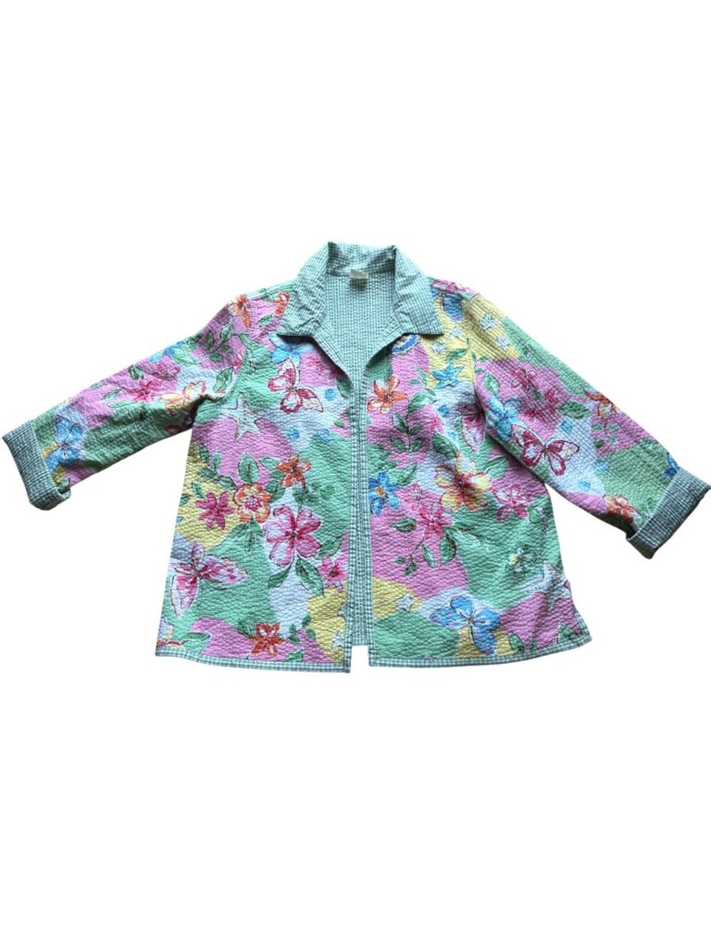Alfred Dunner Women's Reversible Shirt Jacket 16W Seersucker Floral Seashell Y2K
